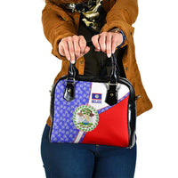 Belize Coat of Arms Shoulder Handbag with Palm Pattern and Split Red Blue Design