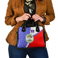 Belize Coat of Arms Shoulder Handbag with Palm Pattern and Split Red Blue Design