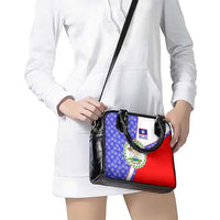 Belize Coat of Arms Shoulder Handbag with Palm Pattern and Split Red Blue Design