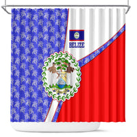 Belize Coat of Arms Shower Curtain with Palm Pattern and Split Red Blue Design