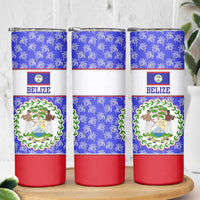 Belize Coat of Arms Skinny Tumbler with Palm Pattern and Split Red Blue Design