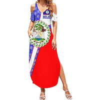 Belize Coat of Arms Summer Maxi Dress with Palm Pattern and Split Red Blue Design