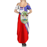 Belize Coat of Arms Summer Maxi Dress with Palm Pattern and Split Red Blue Design