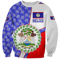 Belize Coat of Arms Sweatshirt with Palm Pattern and Split Red Blue Design