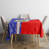 Belize Coat of Arms Tablecloth with Palm Pattern and Split Red Blue Design