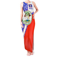 Belize Coat of Arms Tank Maxi Dress with Palm Pattern and Split Red Blue Design