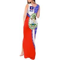 Belize Coat of Arms Tank Maxi Dress with Palm Pattern and Split Red Blue Design
