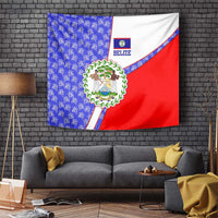 Belize Coat of Arms Tapestry with Palm Pattern and Split Red Blue Design