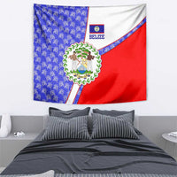 Belize Coat of Arms Tapestry with Palm Pattern and Split Red Blue Design