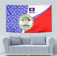 Belize Coat of Arms Tapestry with Palm Pattern and Split Red Blue Design