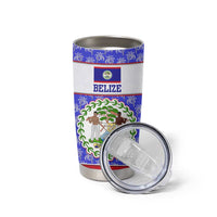 Belize Coat of Arms Tumbler Cup with Palm Pattern and Split Red Blue Design