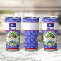 Belize Coat of Arms Tumbler Cup with Palm Pattern and Split Red Blue Design