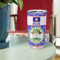 Belize Coat of Arms Tumbler Cup with Palm Pattern and Split Red Blue Design