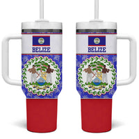 Belize Coat of Arms Tumbler With Handle with Palm Pattern and Split Red Blue Design