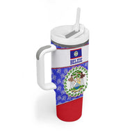 Belize Coat of Arms Tumbler With Handle with Palm Pattern and Split Red Blue Design
