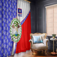 Belize Coat of Arms Window Curtain with Palm Pattern and Split Red Blue Design