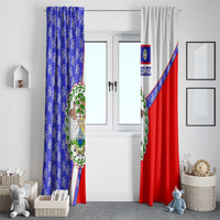 Belize Coat of Arms Window Curtain with Palm Pattern and Split Red Blue Design