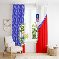 Belize Coat of Arms Window Curtain with Palm Pattern and Split Red Blue Design