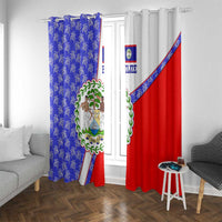 Belize Coat of Arms Window Curtain with Palm Pattern and Split Red Blue Design