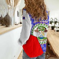 Belize Coat of Arms Women Casual Shirt with Palm Pattern and Split Red Blue Design