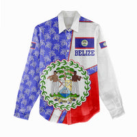 Belize Coat of Arms Women Casual Shirt with Palm Pattern and Split Red Blue Design