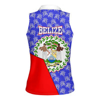 Belize Coat of Arms Women Sleeveless Polo Shirt with Palm Pattern and Split Red Blue Design