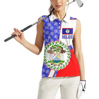 Belize Coat of Arms Women Sleeveless Polo Shirt with Palm Pattern and Split Red Blue Design
