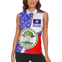 Belize Coat of Arms Women Sleeveless Polo Shirt with Palm Pattern and Split Red Blue Design