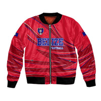 Belize Football Bomber Jacket with Red Abstract Soccer Pattern and Shield Emblem
