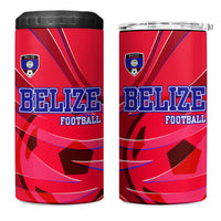 Belize Football 4 in 1 Can Cooler Tumbler with Red Abstract Soccer Pattern and Shield Emblem