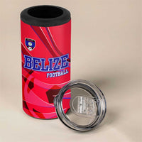 Belize Football 4 in 1 Can Cooler Tumbler with Red Abstract Soccer Pattern and Shield Emblem