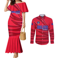 Belize Football Couples Matching Mermaid Dress and Long Sleeve Button Shirt with Red Abstract Soccer Pattern and Shield Emblem