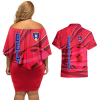 Belize Football Couples Matching Off Shoulder Short Dress and Hawaiian Shirt with Red Abstract Soccer Pattern and Shield Emblem