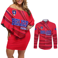 Belize Football Couples Matching Off Shoulder Short Dress and Long Sleeve Button Shirt with Red Abstract Soccer Pattern and Shield Emblem