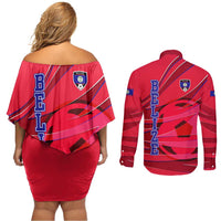 Belize Football Couples Matching Off Shoulder Short Dress and Long Sleeve Button Shirt with Red Abstract Soccer Pattern and Shield Emblem