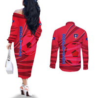 Belize Football Couples Matching Off The Shoulder Long Sleeve Dress and Long Sleeve Button Shirt with Red Abstract Soccer Pattern and Shield Emblem