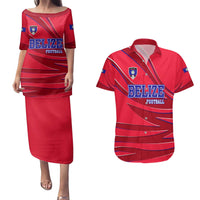 Belize Football Couples Matching Puletasi and Hawaiian Shirt with Red Abstract Soccer Pattern and Shield Emblem