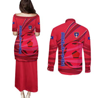 Belize Football Couples Matching Puletasi and Long Sleeve Button Shirt with Red Abstract Soccer Pattern and Shield Emblem