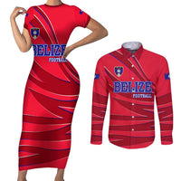 Belize Football Couples Matching Short Sleeve Bodycon Dress and Long Sleeve Button Shirt with Red Abstract Soccer Pattern and Shield Emblem