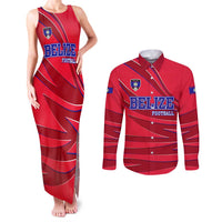 Belize Football Couples Matching Tank Maxi Dress and Long Sleeve Button Shirt with Red Abstract Soccer Pattern and Shield Emblem
