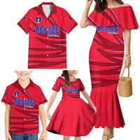 Belize Football Family Matching Mermaid Dress and Hawaiian Shirt with Red Abstract Soccer Pattern and Shield Emblem