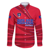 Belize Football Family Matching Off The Shoulder Long Sleeve Dress and Hawaiian Shirt with Red Abstract Soccer Pattern and Shield Emblem