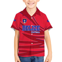Belize Football Family Matching Off The Shoulder Long Sleeve Dress and Hawaiian Shirt with Red Abstract Soccer Pattern and Shield Emblem