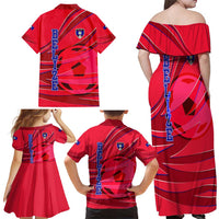 Belize Football Family Matching Off Shoulder Maxi Dress and Hawaiian Shirt with Red Abstract Soccer Pattern and Shield Emblem