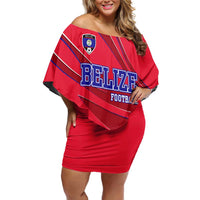 Belize Football Family Matching Off Shoulder Short Dress and Hawaiian Shirt with Red Abstract Soccer Pattern and Shield Emblem