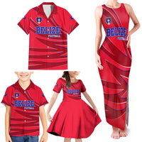 Belize Football Family Matching Tank Maxi Dress and Hawaiian Shirt with Red Abstract Soccer Pattern and Shield Emblem