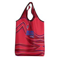 Belize Football Grocery Bag with Red Abstract Soccer Pattern and Shield Emblem