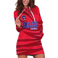 Belize Football Hoodie Dress with Red Abstract Soccer Pattern and Shield Emblem