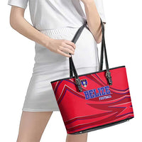Belize Football Leather Tote Bag with Red Abstract Soccer Pattern and Shield Emblem