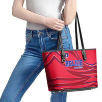 Belize Football Leather Tote Bag with Red Abstract Soccer Pattern and Shield Emblem